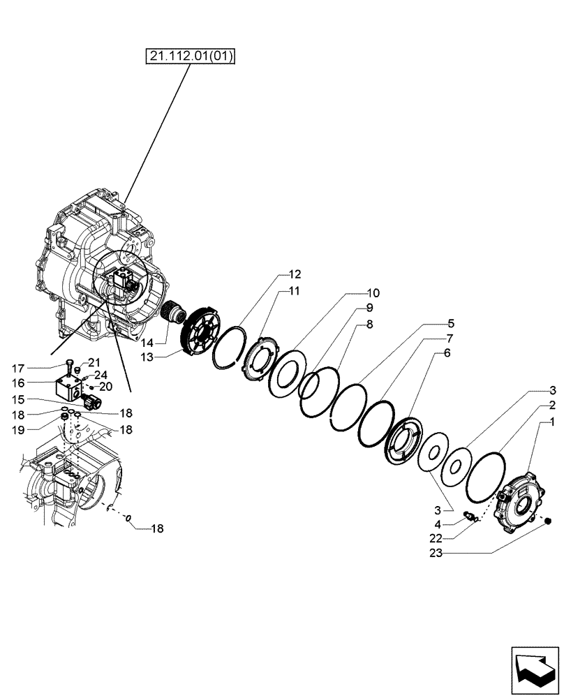 Схема запчастей Case 580SM - (33.110.06) - TRANSMISSION ASSY, 4WD POWERSHIFT (580SM/SM+) - BRAKE, PARKING (33) - BRAKES & CONTROLS