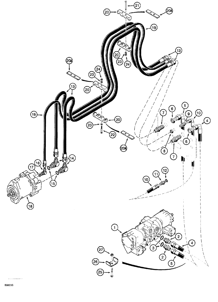 Схема запчастей Case 760 - (08-140) - PLOW HYD. CIRCUIT, PLOW MOTOR SUPPLY & RETURN LINES, UNITS WITHOUT QUAD OPTION (35) - HYDRAULIC SYSTEMS