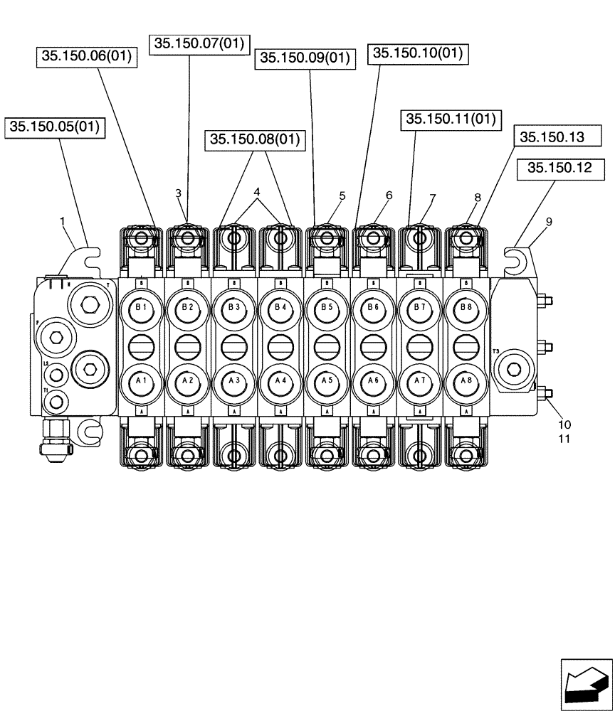 Схема запчастей Case 580SM - (35.726.22[03]) - 87653027 VALVE ASSY - BACKHOE CONTROL, 8 SPOOL (W/ EXT DIPPER, W/ AUX HYDS) (580SM+) (35) - HYDRAULIC SYSTEMS