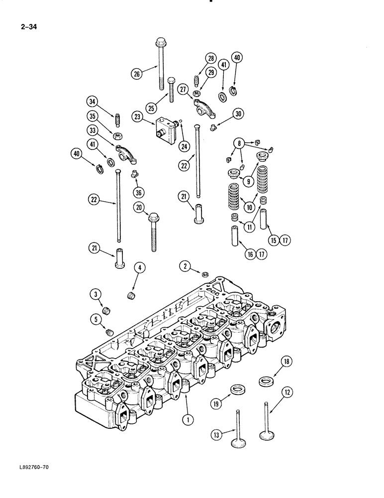 Схема запчастей Case 888 - (2-034) - CYLINDER HEAD AND VALVE MECHANISM, 6T-590 DIESEL ENGINE (02) - ENGINE