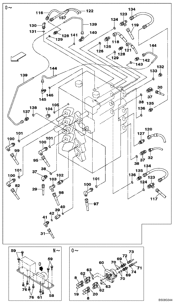 Схема запчастей Case CX470B - (08-42) - PILOT CONTROL LINES, CONTROL VALVE - TWO WAY (08) - HYDRAULICS