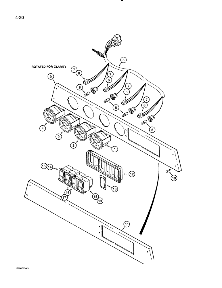 Схема запчастей Case 821 - (4-020) - OPTIONAL GAUGES WITH BLADE TYPE TERMINALS, AND OVERHEAD SWITCHES (04) - ELECTRICAL SYSTEMS