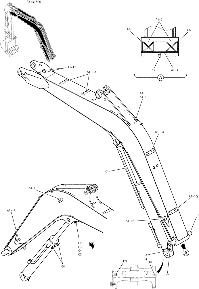 Схема запчастей Case CX36B - (03-001) - BOOM ASSY, STD 2.5M (84) - BOOMS, DIPPERS & BUCKETS