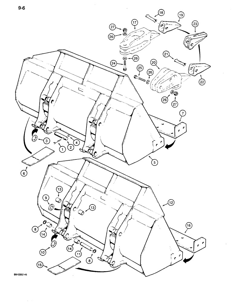 Схема запчастей Case 855D - (9-006) - LOADER BUCKET AND TEETH, WITH BOLT RETAINED/ SNAP RING RETAINED MOUNTING PINS (09) - CHASSIS/ATTACHMENTS