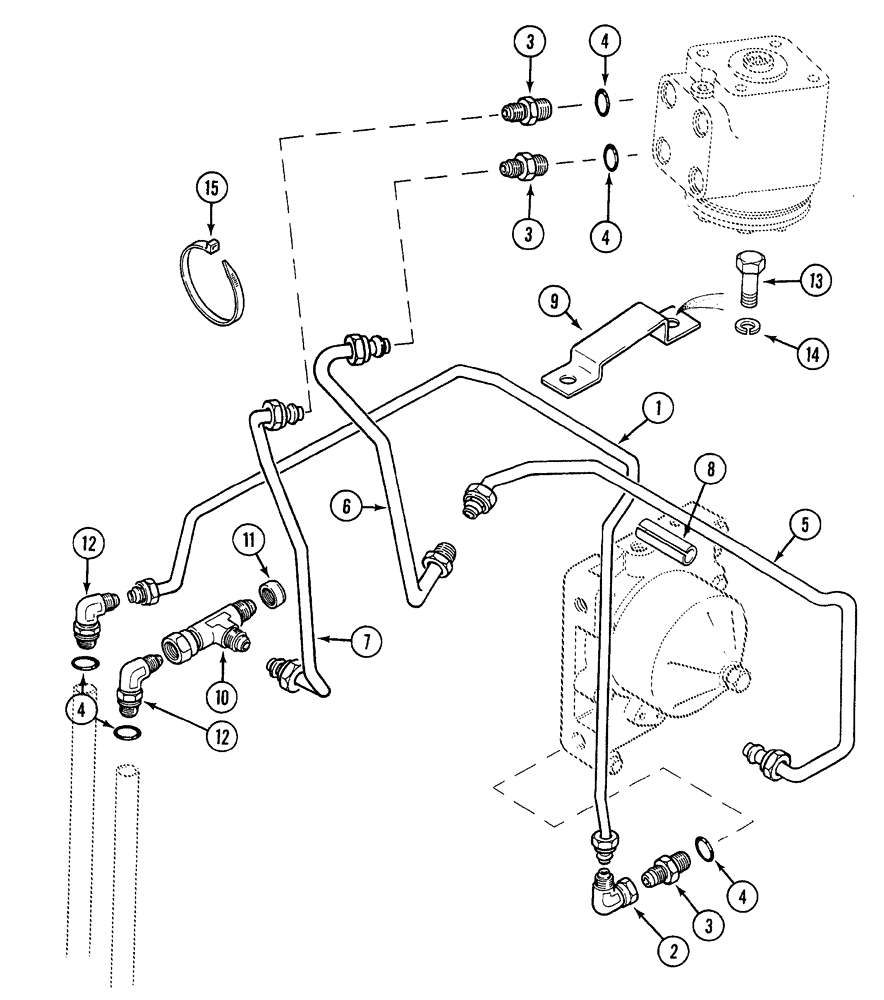 Схема запчастей Case 380B - (5-10) - POWER STEERING TUBES (REAR) - FORWARD AND REVERSE TRANSMISSION (05) - STEERING