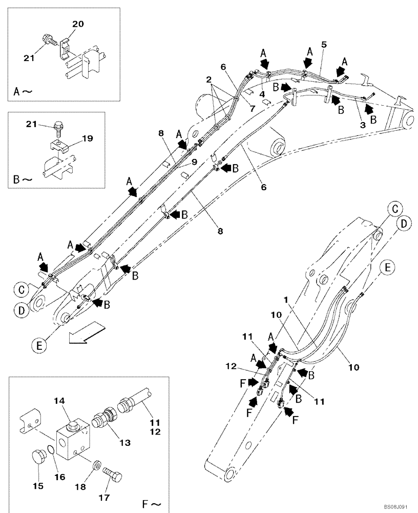 Схема запчастей Case CX800B - (08-20) - HYDRAULIC CIRCUIT - AUXILIARY - BOOM (8.40M) - ARM (3.60 M) (08) - HYDRAULICS