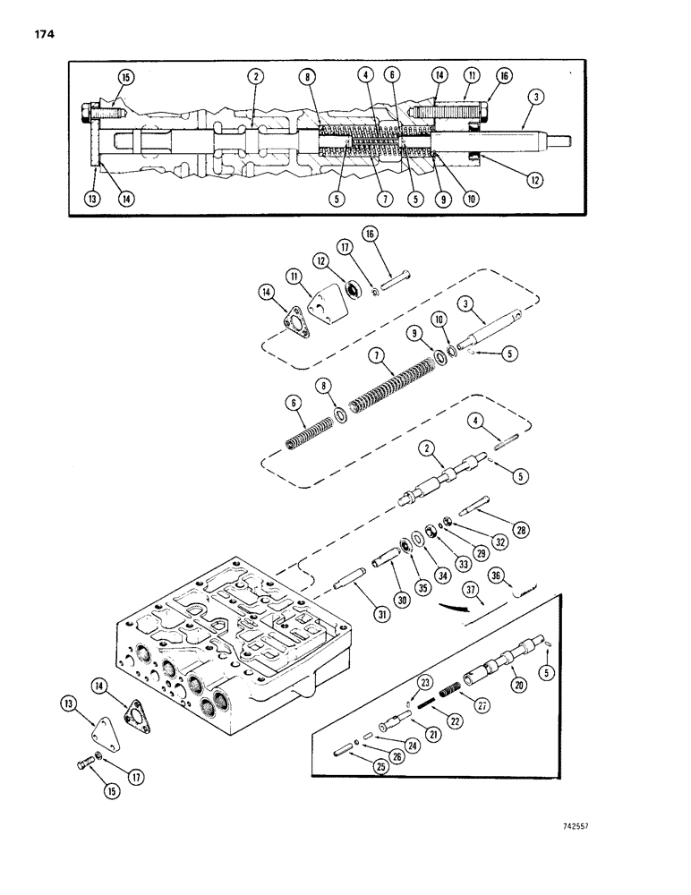 Схема запчастей Case 1150B - (174) - TRANSMISSION CONTROL VALVE, BRAKE SPOOLS (03) - TRANSMISSION