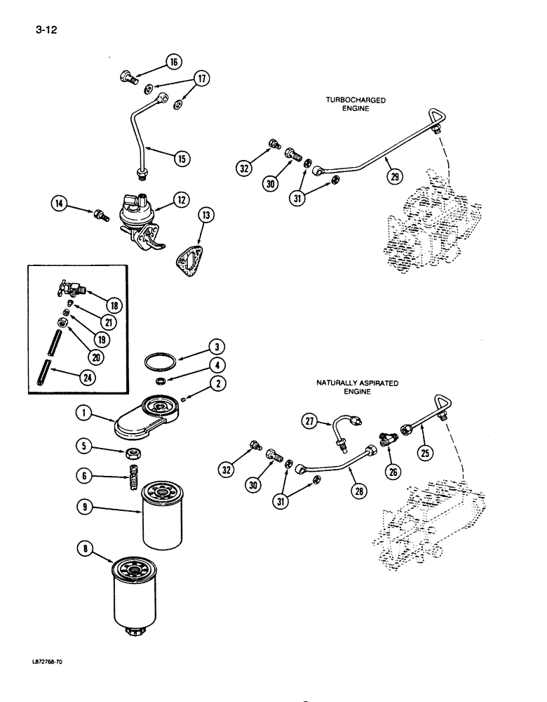 Схема запчастей Case 855D - (3-12) - FUEL FILTER AND LIFT PUMP, 6-590 ENGINE, 6T-590 ENGINE (03) - FUEL SYSTEM