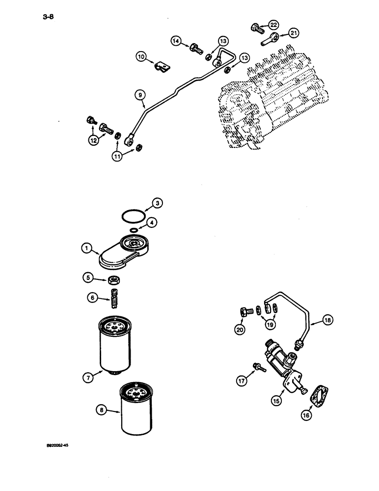 Схема запчастей Case 1187C - (3-08) - FUEL FILTER AND TRANSFER PUMP, 6T-830 ENGINE (03) - FUEL SYSTEM