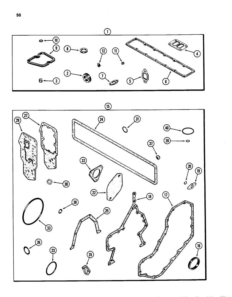 Схема запчастей Case 880D - (050) - ENGINE GASKET KITS, 6T-590 DIESEL ENGINE, VALVE GRIND & CYLINDER BLOCK (01) - ENGINE