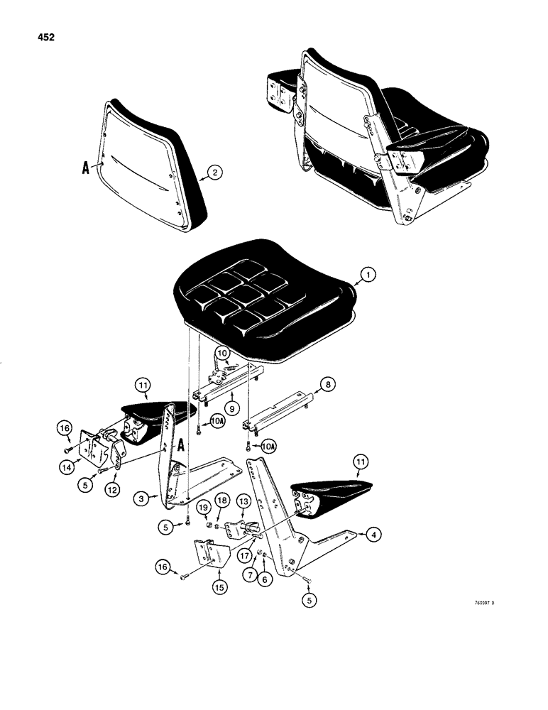 Схема запчастей Case 480C - (452) - SEAT AND ARMRESTS (90) - PLATFORM, CAB, BODYWORK AND DECALS