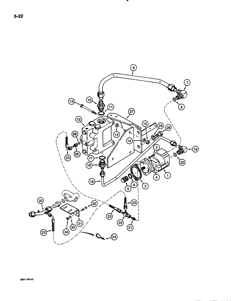 Схема запчастей Case 621 - (5-22) - AUX. STEERING HYDRAULIC CIRCUIT, AUX. PUMP TO AUX. STEERING VALVE, PRIOR TO P.I.N. JAK0020901 (05) - STEERING