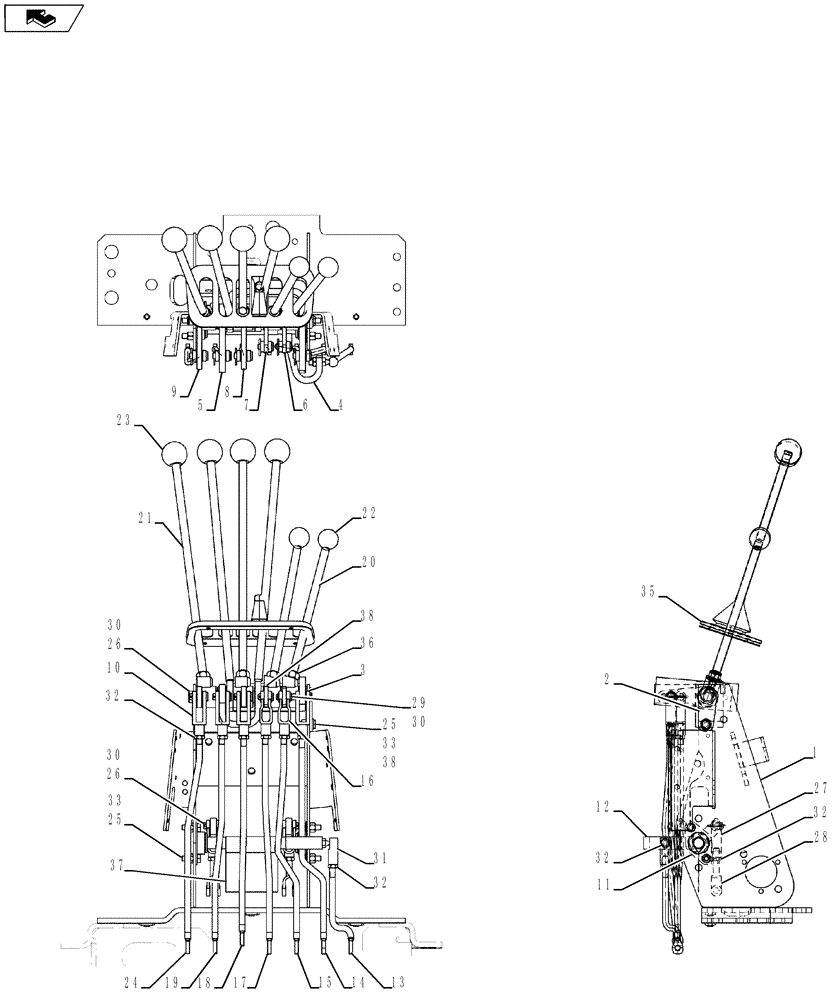 Схема запчастей Case 590SN - (35.726.30[01]) - CONTROL - BACKHOE, WITH FOOT SWING (WITH EXTENDABLE DIPPER) - CONTROL LEVERS, RODS, AND SUPPORT (35) - HYDRAULIC SYSTEMS