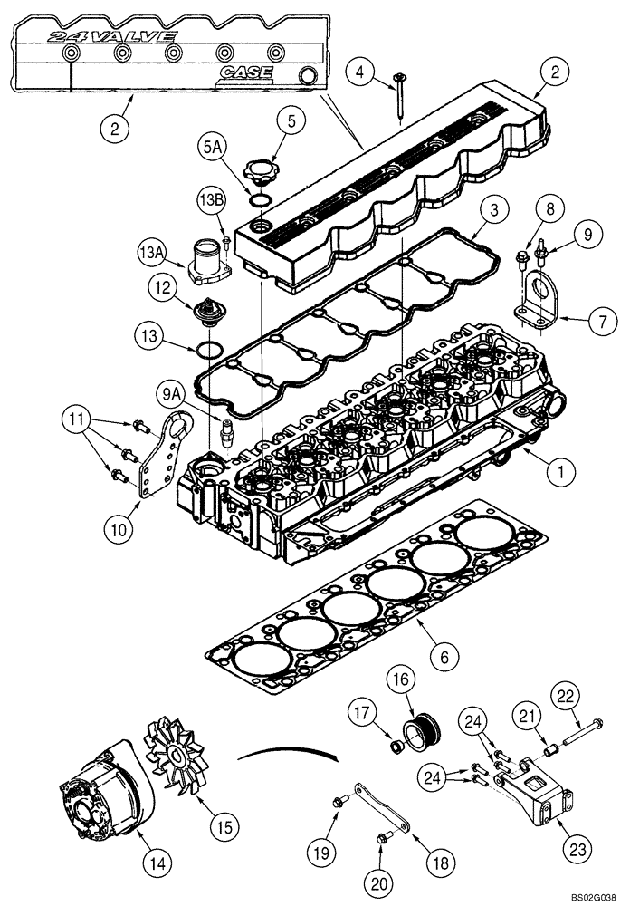 Схема запчастей Case CX240LR - (02-14) - CYLINDER HEAD - MOUNTING, ALTERNATOR (02) - ENGINE