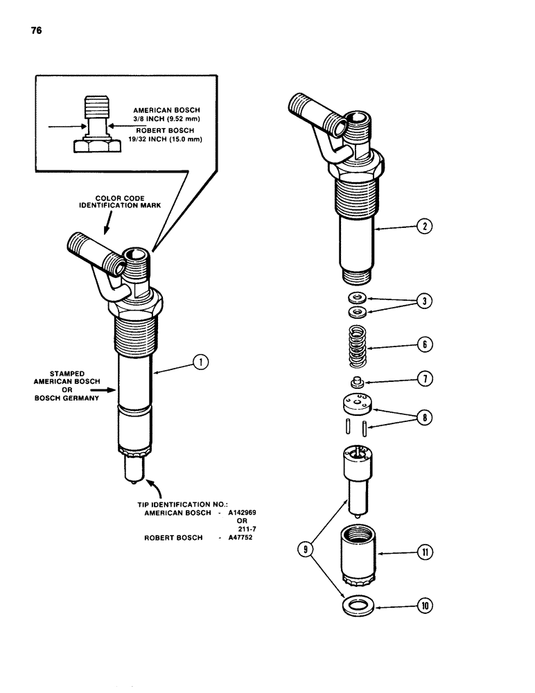 Схема запчастей Case 1080 - (076) - FUEL INJECTOR NOZZLE, 504BDT DIESEL ENGINE, RED COLOR CODE (10) - ENGINE