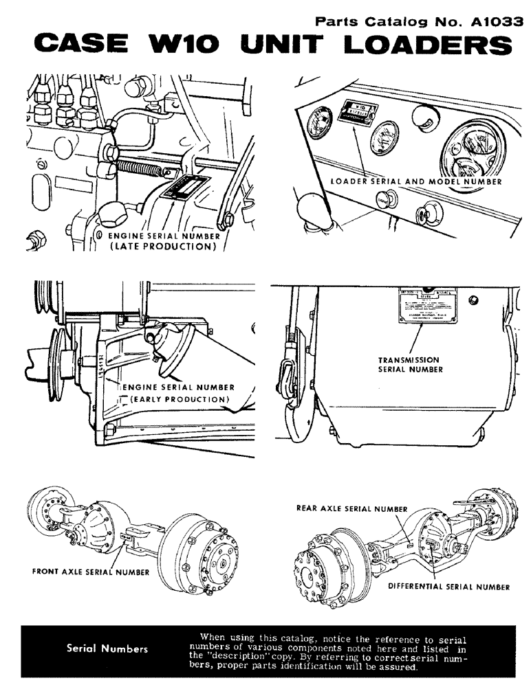 Схема запчастей Case W10 - (001) - SERIAL NUMBERS, ENGINE S/N, AND TRANS. S/N, FRONT AXLE S/N, AND REAR AXLE S/N, DIFFERENTIAL S/N (00) - PICTORIAL INDEX