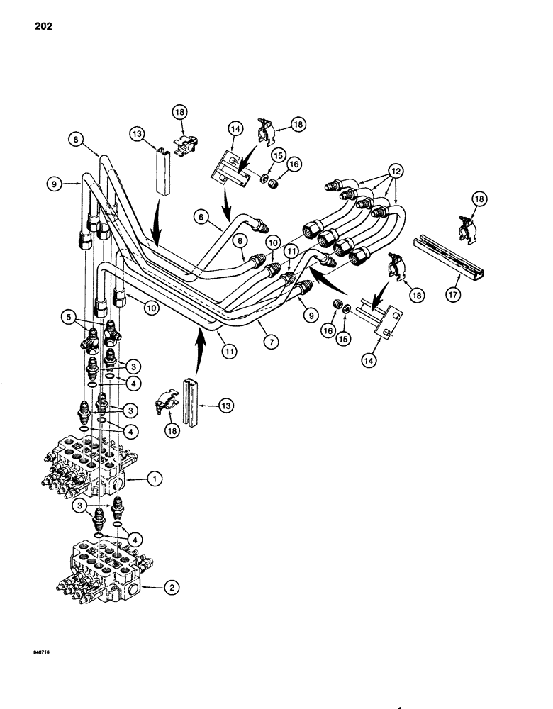 Схема запчастей Case 1080 - (202) - BOOM, ARM, AND TOOL CYLINDER CIRCUITS, TUBES FROM VALVES (35) - HYDRAULIC SYSTEMS
