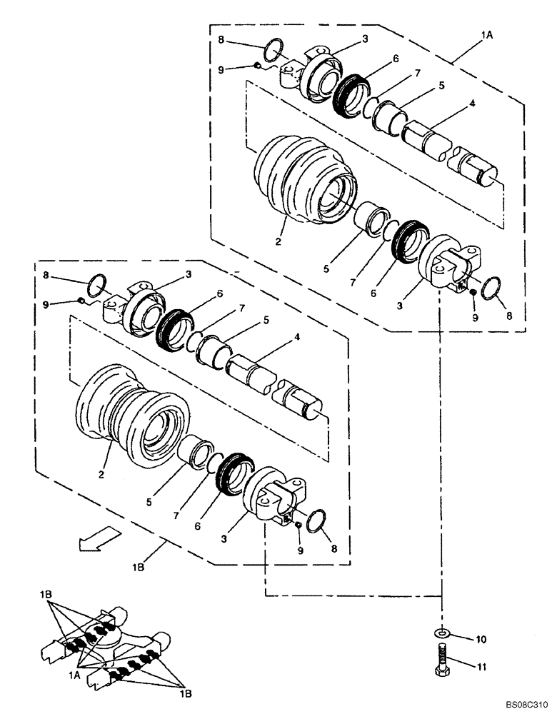 Схема запчастей Case 9007B - (5-24) - ROLLER LOWER, EXTERNAL, INNER (11) - TRACKS/STEERING