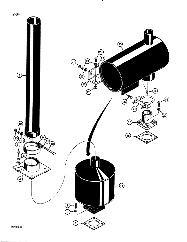 Схема запчастей Case 450C - (2-64) - MUFFLER MOUNTING AND EXHAUST PARTS, MODELS WITHOUT A TURBOCHARGER (02) - ENGINE