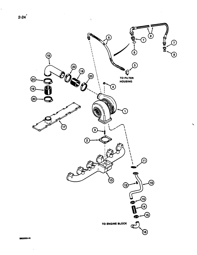 Схема запчастей Case 1187C - (2-24) - TURBOCHARGER SYSTEM, 6T-830 ENGINE (02) - ENGINE