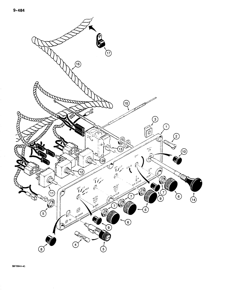 Схема запчастей Case 680K - (9-484) - CAB CONTROL PANEL AND WIRING, USED ON MODELS WITH 12 VOLT ELECTRICAL CIRCUIT (09) - CHASSIS/ATTACHMENTS