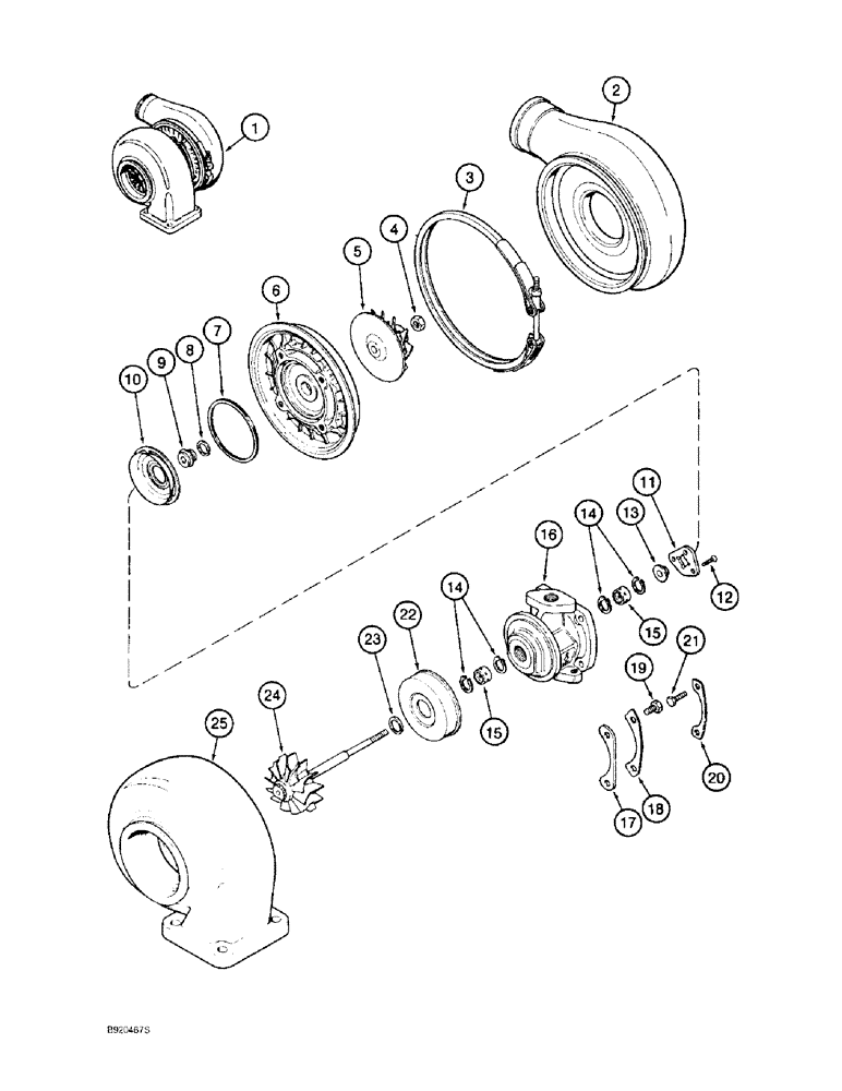 Схема запчастей Case 1150E - (2-020) - TURBOCHAGER, 6T-830 ENGINE (02) - ENGINE