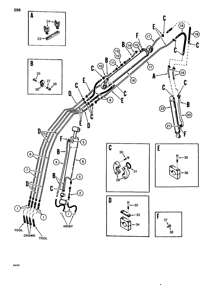 Схема запчастей Case 1080 - (206) - BOOM, ARM, AND TOOL CYLINDER HYDRAULIC CIRCUITS, E BOOM (35) - HYDRAULIC SYSTEMS