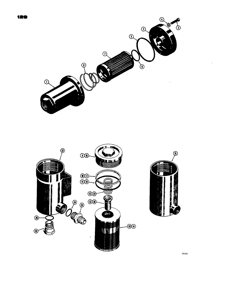 Схема запчастей Case 450 - (128) - TRANSMISSION OIL FILTERS, D35144 TRANSMISSION OIL FILTER (03) - TRANSMISSION