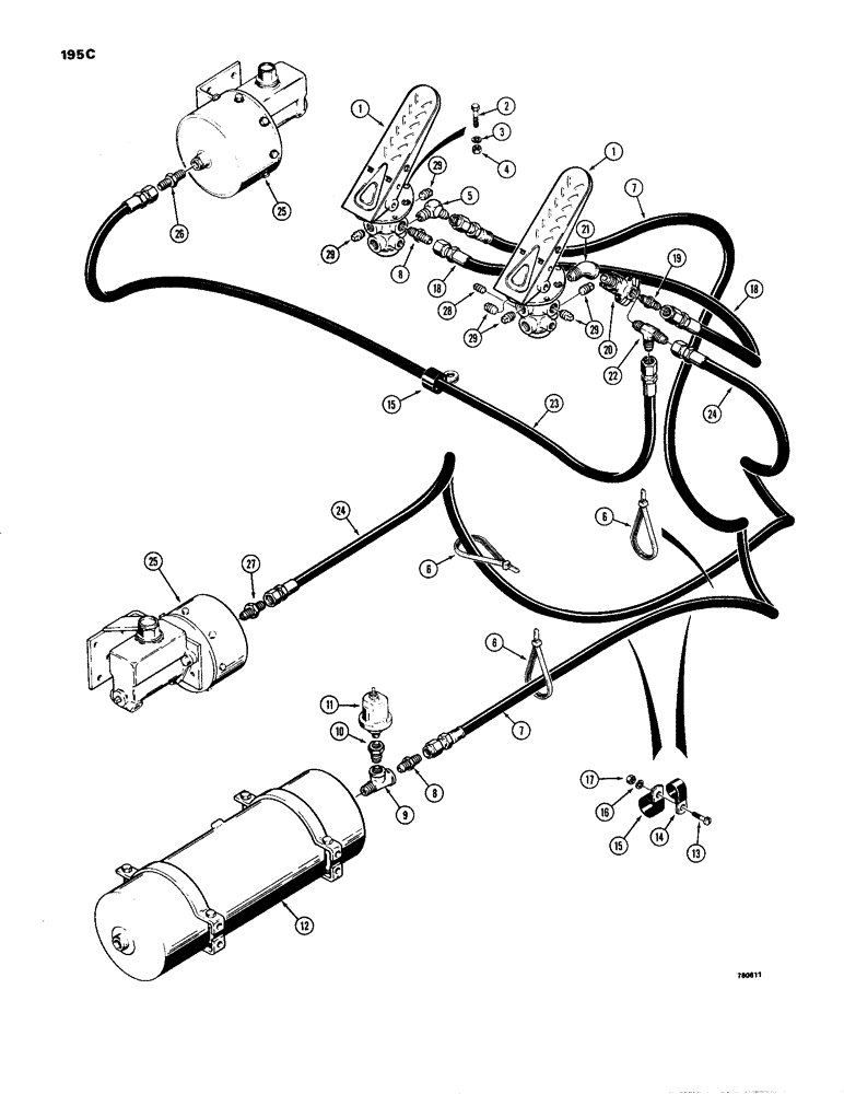 Схема запчастей Case W24B - (195C) - BRAKE SYSTEM, RESERVOIR TO TREADLES & MASTER CYLINDERS TRACTOR SERIAL NO. 9126839 AND AFTER (07) - BRAKES