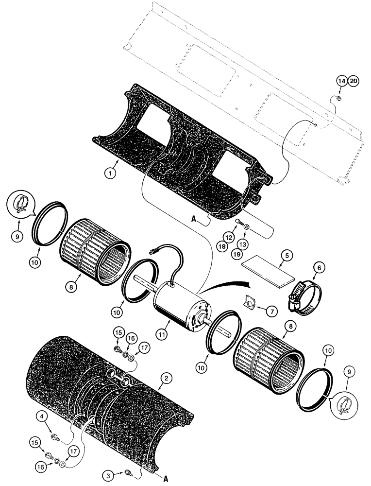 Схема запчастей Case 855E - (9-092) - AIR CONDITIONING CONDENSER BLOWER, (ABOVE CAB ROOF) (09) - CHASSIS/ATTACHMENTS