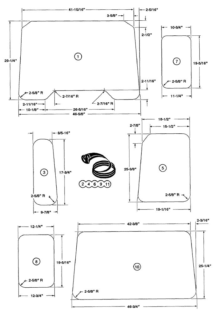 Схема запчастей Case 855E - (9-072) - CAB GLASS, U.S. DIMENSIONS (09) - CHASSIS/ATTACHMENTS