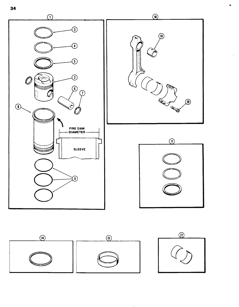 Схема запчастей Case 680G - (034) - PISTONS AND SLEEVES, WITH 5.189" FIRE DAM DIAMETER SLEEVE 336BD DIESEL ENGINE (02) - ENGINE