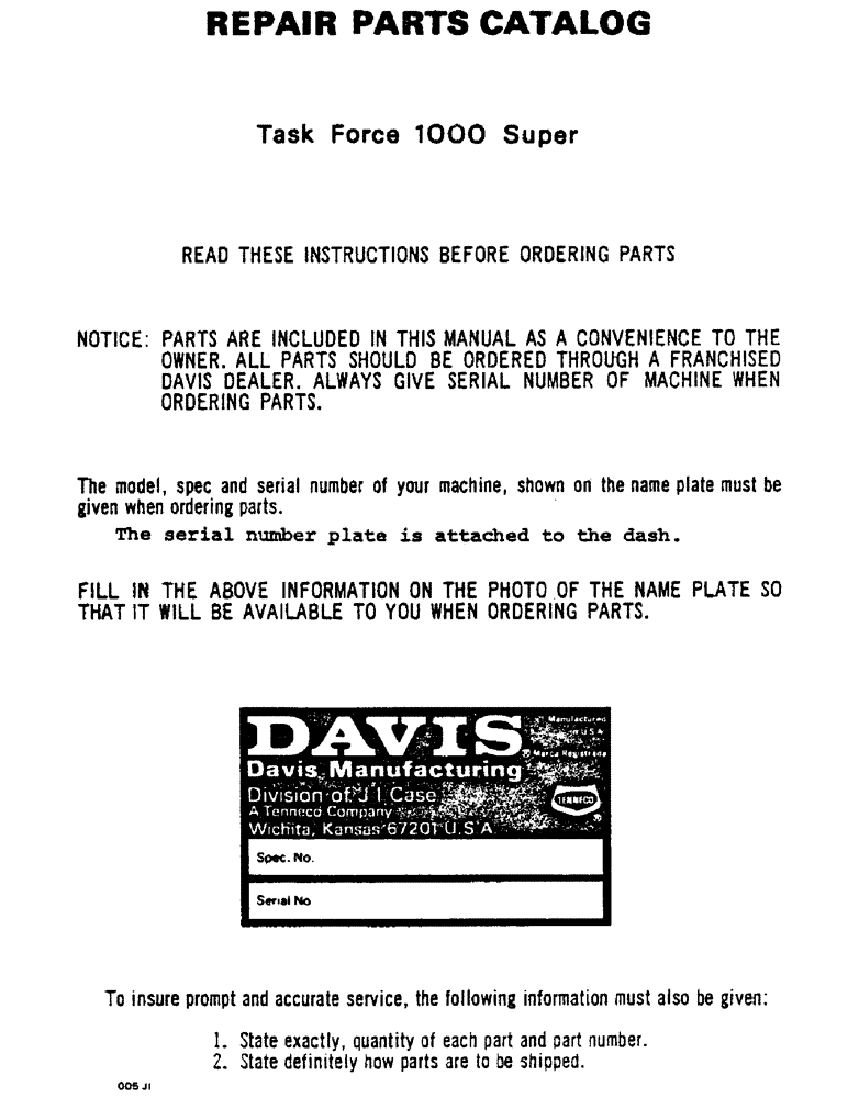 Схема запчастей Case 1000 - (01) - REPAIR PARTS CATALOG 