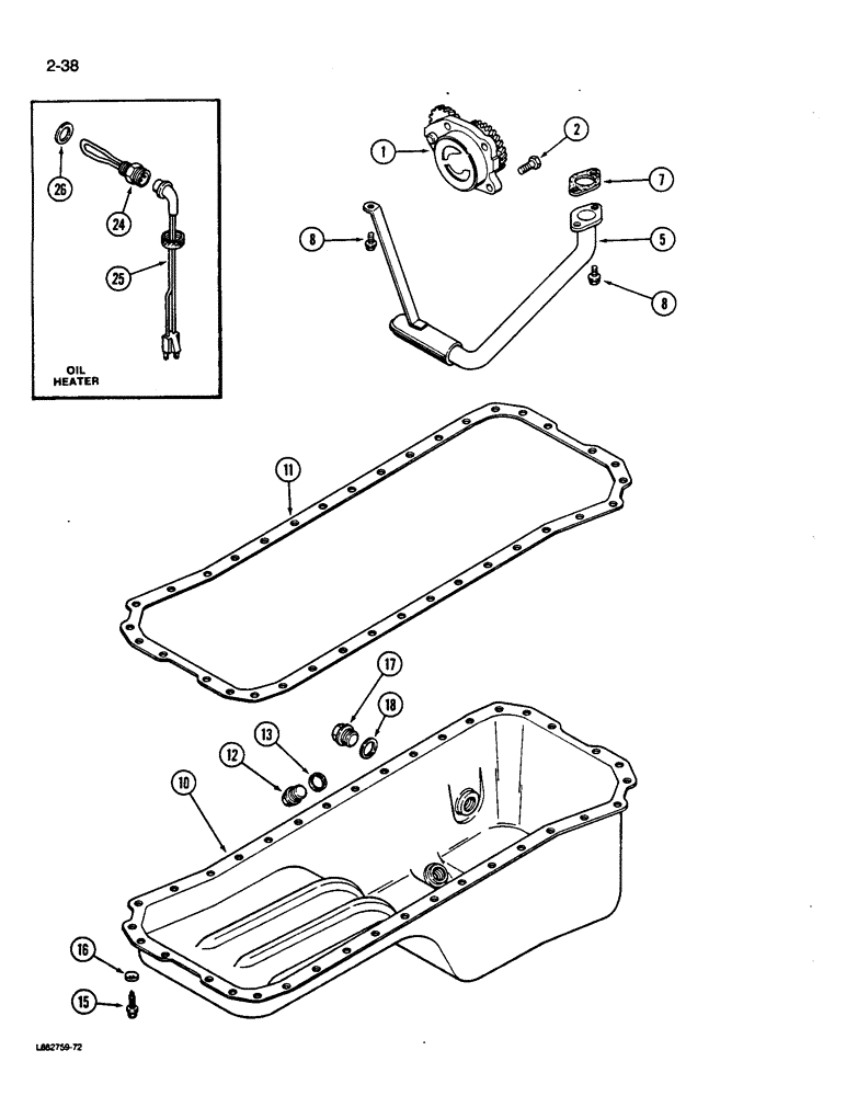 Схема запчастей Case W14B - (2-38) - OIL PUMP AND OIL PAN, 6-590 ENGINE, 6T-590 ENGINE, PRIOR TO ENGINE S/N 44511034 (02) - ENGINE
