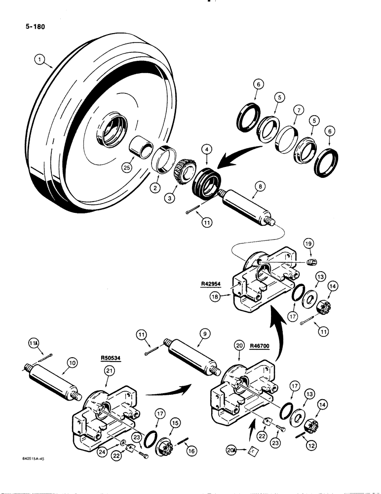 Схема запчастей Case 1450B - (5-180) - IDLER ASSEMBLY, SHAFT RETAINED BY NUT, IF USED (11) - TRACKS/STEERING