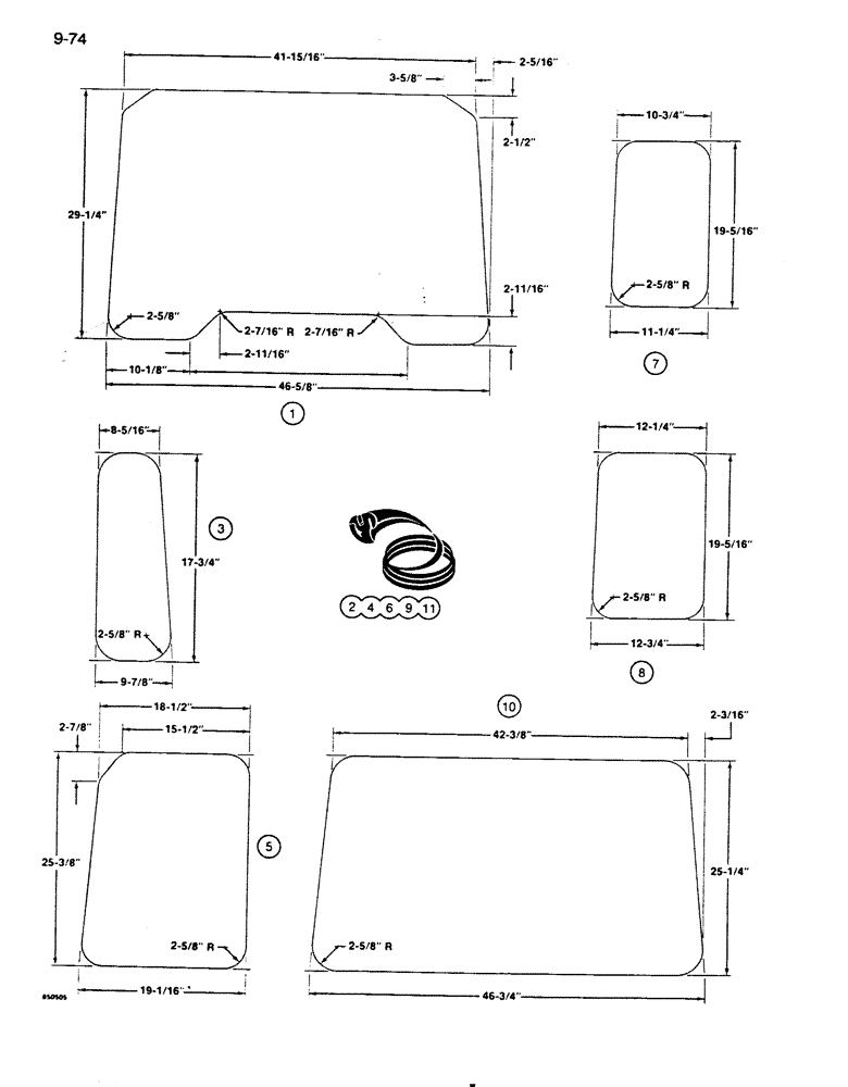 Схема запчастей Case 855D - (9-074) - CAB GLASS, U.S. DIMENSIONS (09) - CHASSIS/ATTACHMENTS