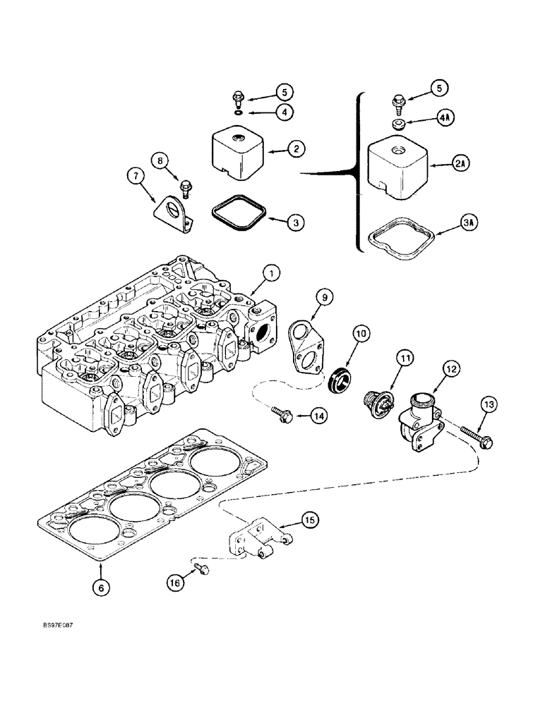 Схема запчастей Case 590SL - (2-30) - CYLINDER HEAD COVERS, 4T-390 ENGINE, THERMOSTAT AND HOUSING (02) - ENGINE