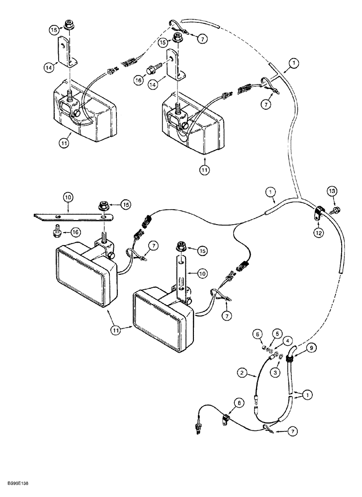Схема запчастей Case 650G - (4-16) - LAMPS AND WIRING - MODELS WITH ROPS CANOPY, WITH OR WITHOUT SCREEN (04) - ELECTRICAL SYSTEMS