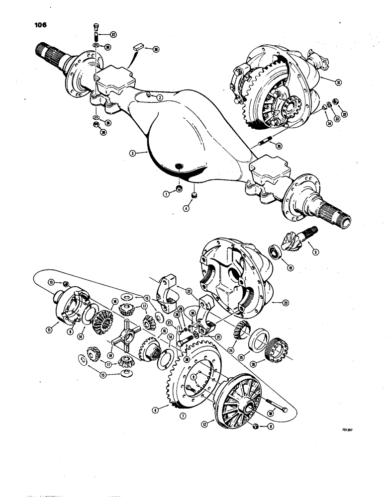Схема запчастей Case W24B - (106) - REAR AXLE AND DIFFERENTIAL, PINION, RING GEAR AND DIFFERENTAL CASE (06) - POWER TRAIN