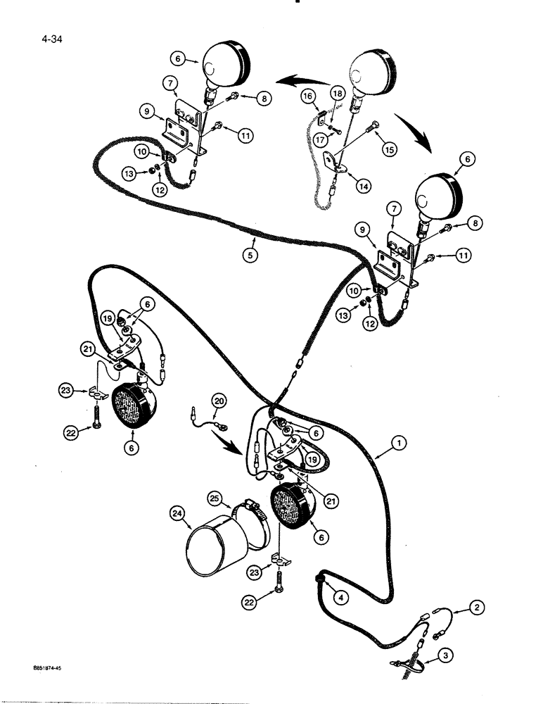 Схема запчастей Case 450C - (4-34) - INCANDESCENT LAMPS AND WIRING, MODELS WITH ROPS CANOPY, REAR LAMPS MOUNTED INSIDE CANOPY SCREEN (04) - ELECTRICAL SYSTEMS