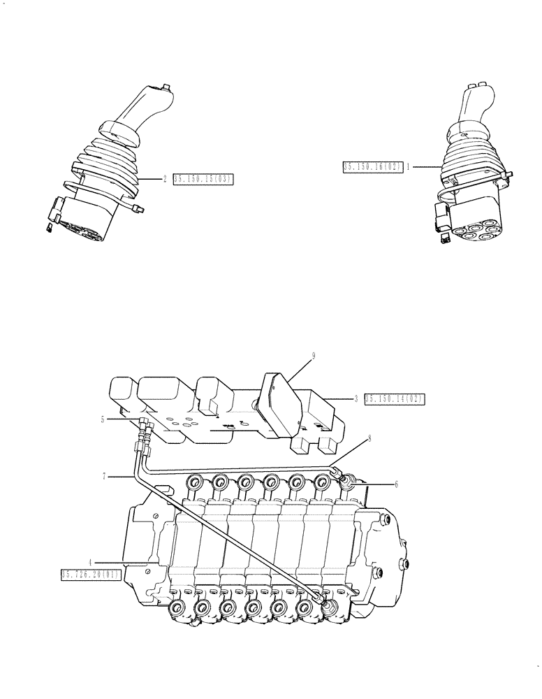Схема запчастей Case 590SN - (35.726.04[04]) - VALVE - PILOT CONTROL AND JOYSTICKS (7 SPOOL, W/ EXT DIPPER, W/O AUX HYDS) (35) - HYDRAULIC SYSTEMS