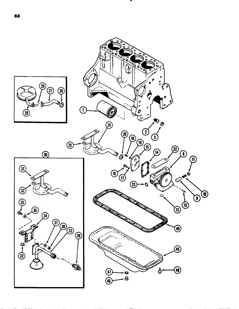 Схема запчастей Case 1845S - (068) - OIL FILTER, (188) DIESEL ENGINE, PRIOR TO ENGINE SERIAL NO. 4309700, OIL PUMP, OIL PAN (10) - ENGINE