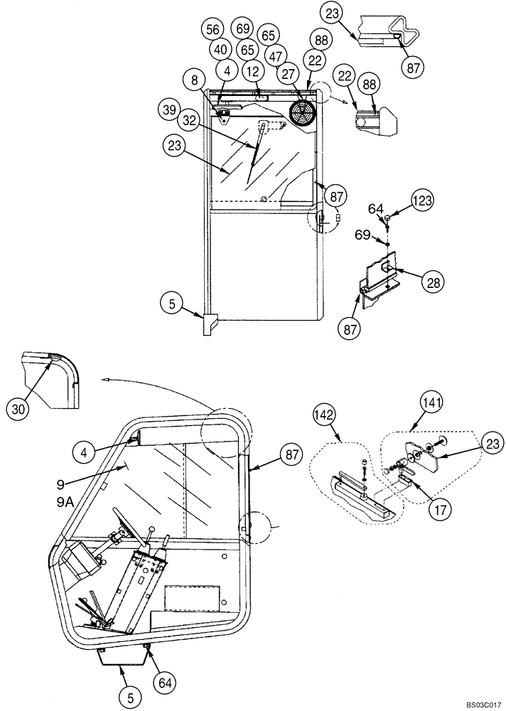 Схема запчастей Case 686G - (9-23B) - ENCLOSED CAB, WINDOW RELATED PARTS (SERIES 2 686G, 686GXR AND 688G) (09) - CHASSIS/ATTACHMENTS