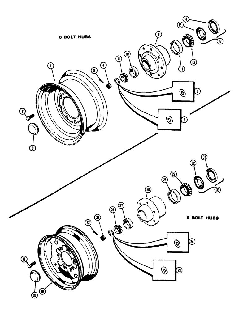 Схема запчастей Case 580 - (121E) - FRONT WHEELS, USED W/5/8"-8 BOLT HUB, 1ST USED TRAC. S/N. 8673410, USED W/9/16"-6 BOLT HUB, USED TRA (44) - WHEELS