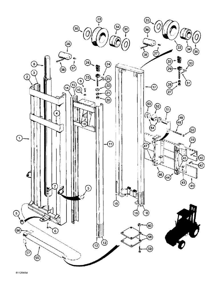 Схема запчастей Case 586E - (9-088) - 6.5 M (21-1/2 FOOT) MAST FOR 586E, MODELS WITH SINGLE LIFT CYLINDER (09) - CHASSIS/ATTACHMENTS