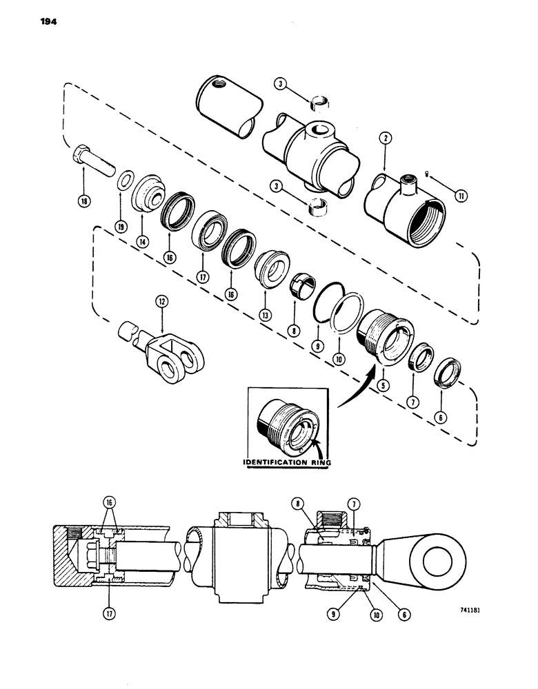 Схема запчастей Case 450 - (194) - G34344 LIFT CYLINDER - ANGLE TILT DOZER, GLAND HAS I.D. RING OR TUBE IS STAMPED W/CYL. PART NUMBER (07) - HYDRAULIC SYSTEM