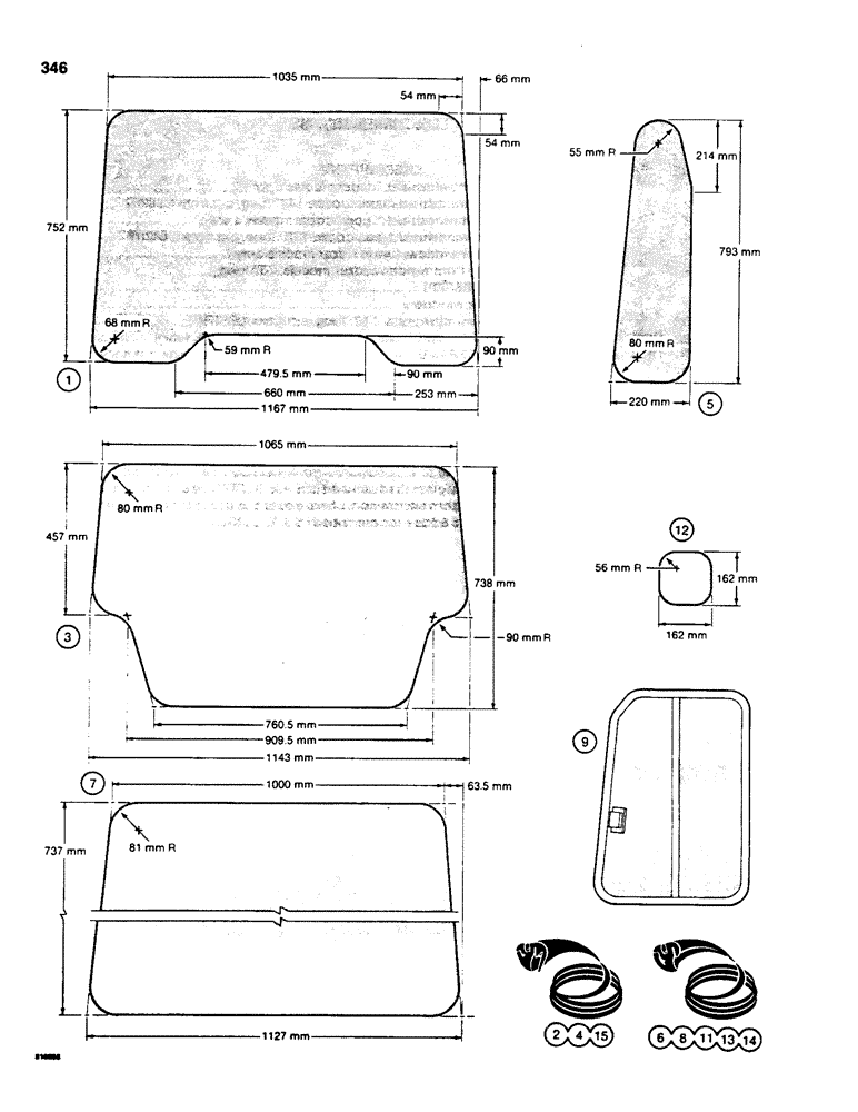 Схема запчастей Case 850C - (346) - CAB GLASS, METRIC DIMENSIONS (05) - UPPERSTRUCTURE CHASSIS