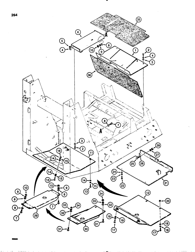 Схема запчастей Case 1845S - (264) - GUARDS, FLOOR MATS, AND BELLY PANS (90) - PLATFORM, CAB, BODYWORK AND DECALS