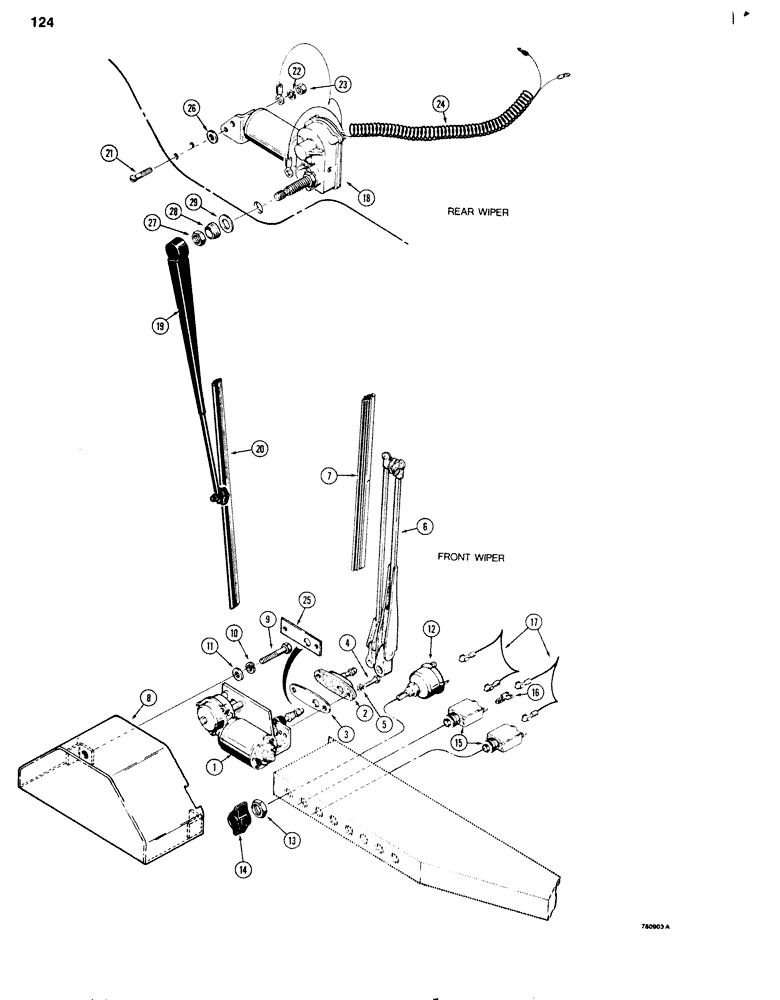 Схема запчастей Case 680G - (124) - FRONT AND REAR WINDSHIELD WIPERS (04) - ELECTRICAL SYSTEMS