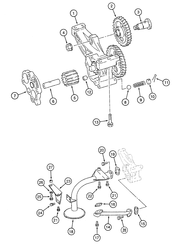 Схема запчастей Case 9050 - (2-28) - OIL PUMP AND STRAINER (02) - ENGINE